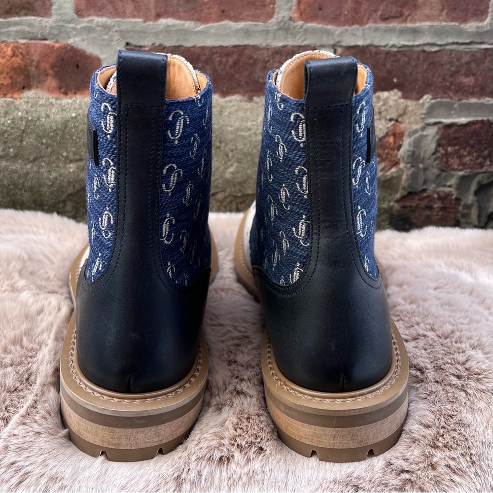 NEW Size 39.5 Jimmy Choo Turing/M Sand Dune Navy Logo Print Combat Moto Boots - Picture 5 of 12